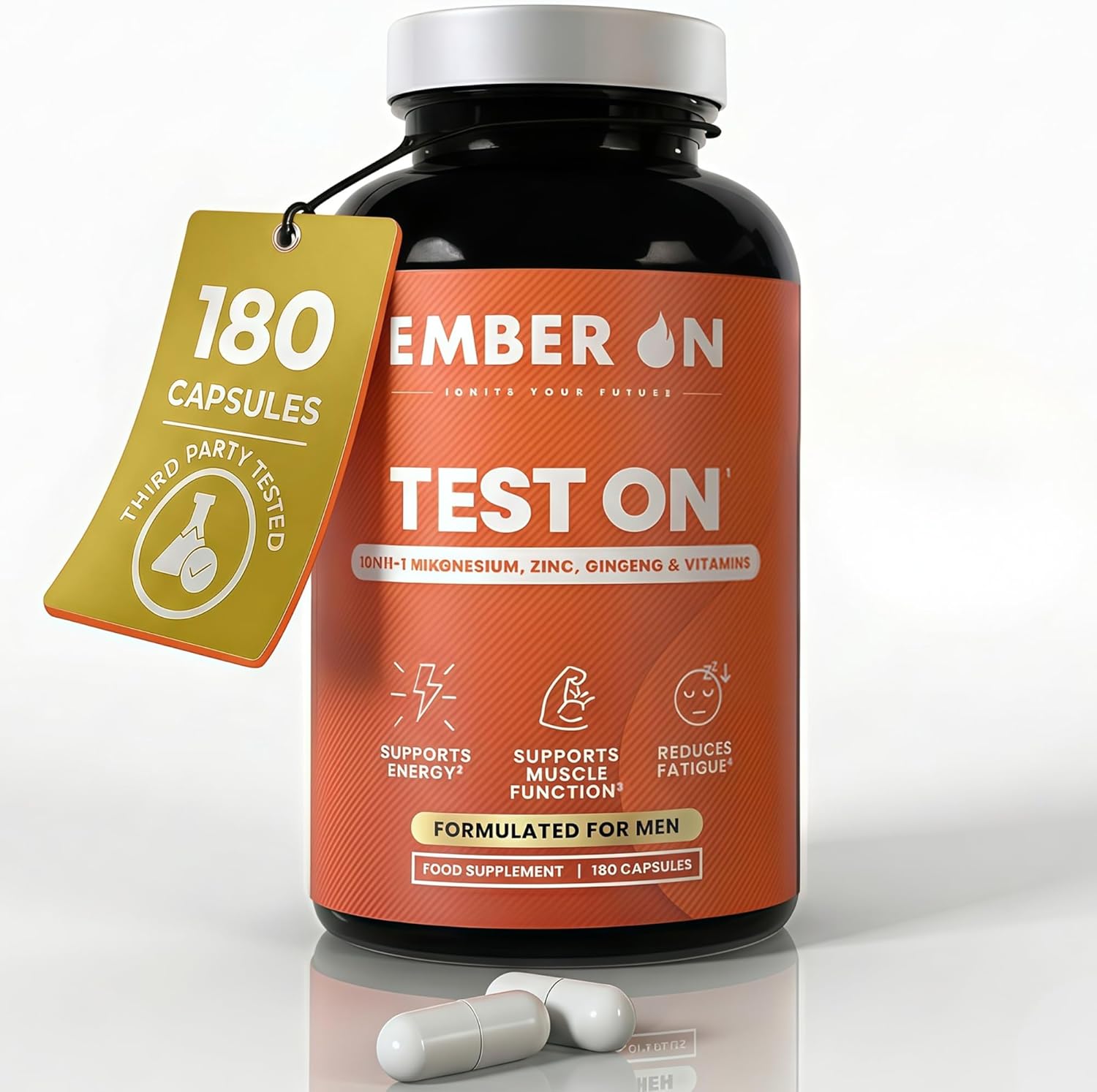 EMBER ON Test On | Gym Supplements for Men | Zinc, Magnesium, Vitamins B6, Ginseng & Fenugreek | Supports Energy & Muscle Function | 180 Vegan Capsules | Magnesium and Zinc Supplements | UK Made