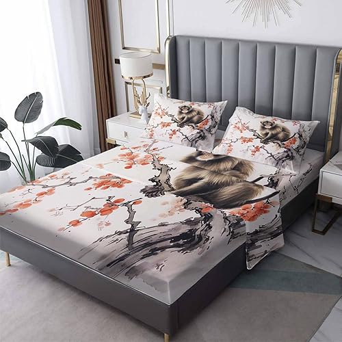 Sábanas de mono tamaño King, sábanas de cama con estampado de flor de cerezo, juego de 4 piezas - Sábana bajera ajustable de microfibra suave con