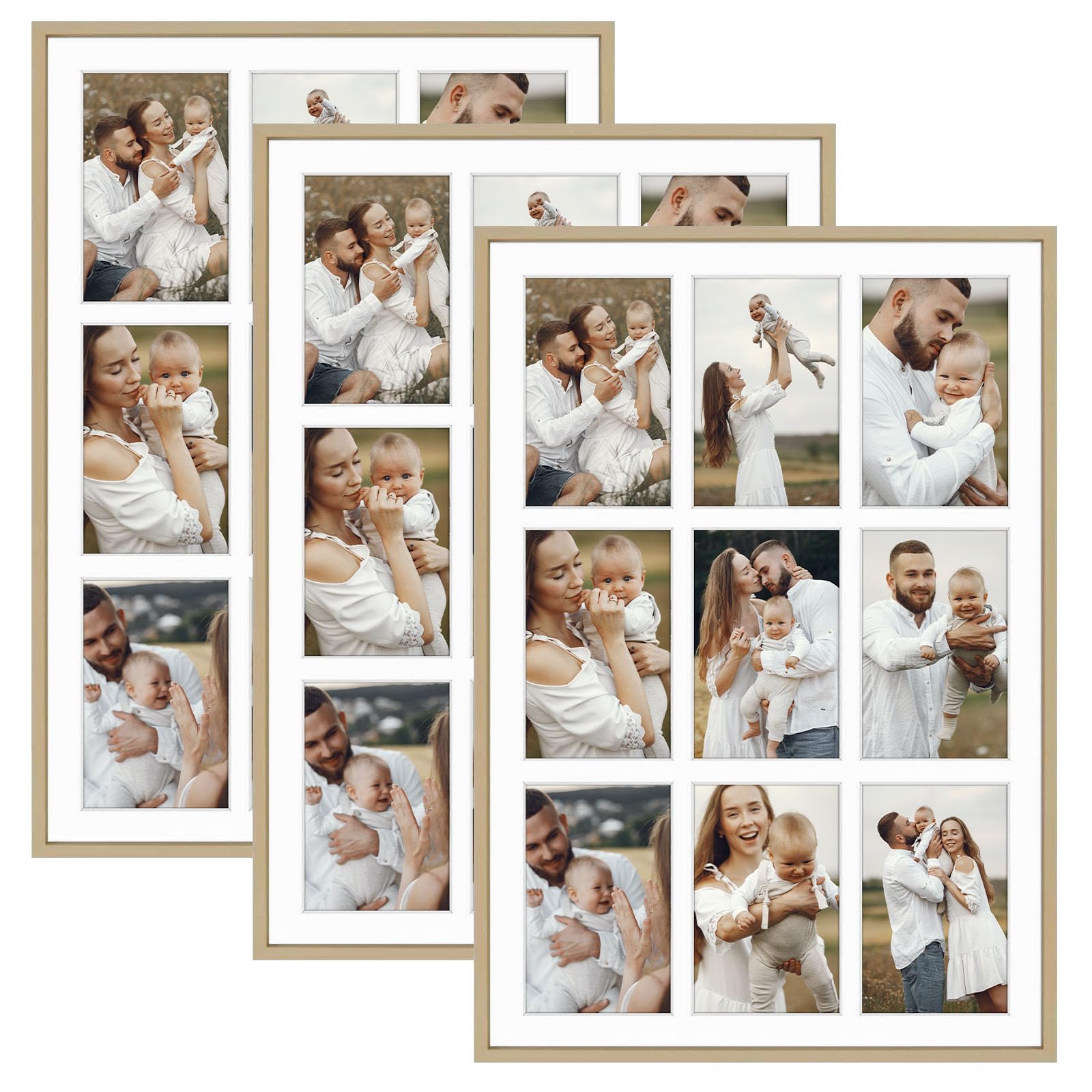 Golden State Art, 4x6 Aluminum Collage Frame, Display 6x4 Pictures With 9 Openings Mat or One 13.6x19.7 Photo, Real Glass, Portrait/Landscape Wall Display, Gold, 3 Pack