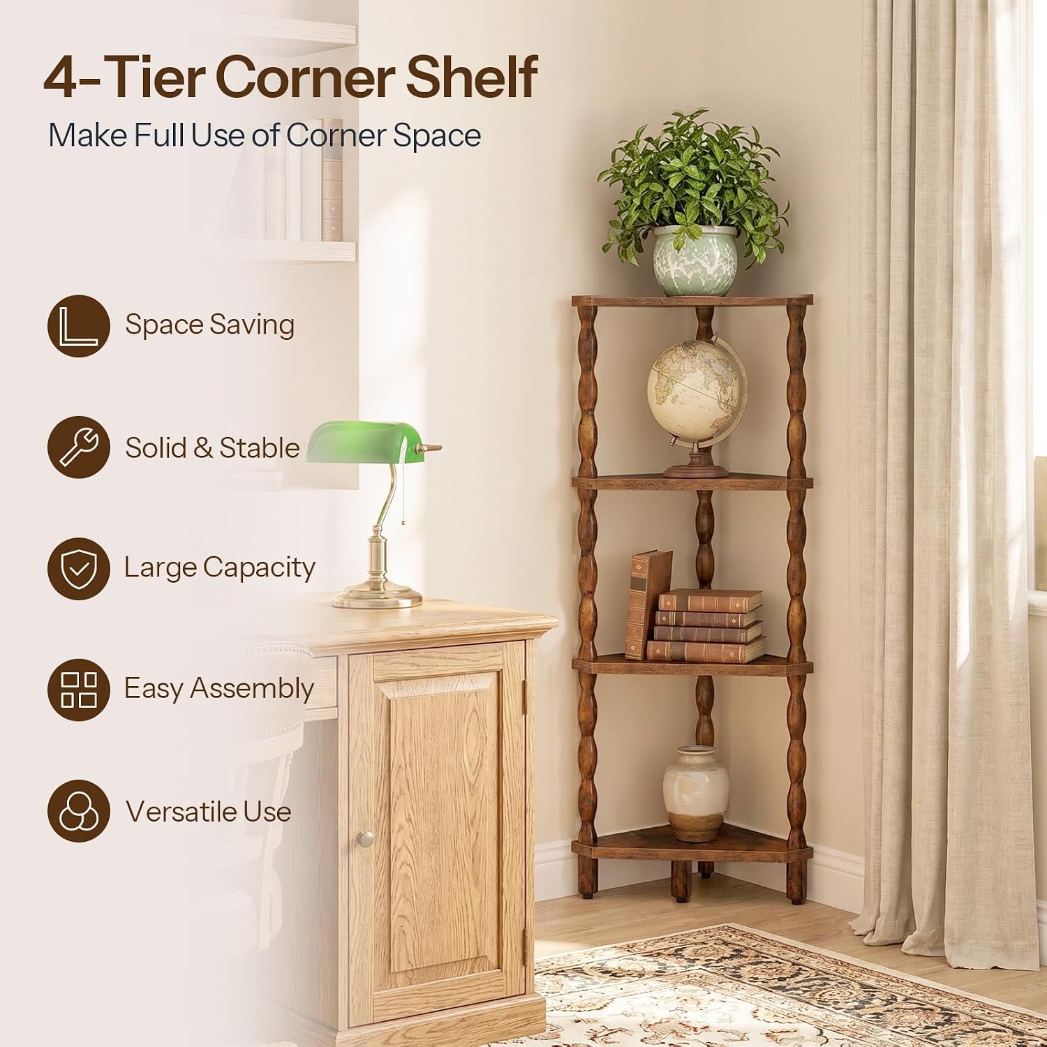 HOOBRO 4-Tier Corner Shelf, Wooden Corner Bookshelf for Small Space, Stylish Corner Storage Display Shelves for Living Room, Kitchen, Office Rustic Brown FG194CJ01