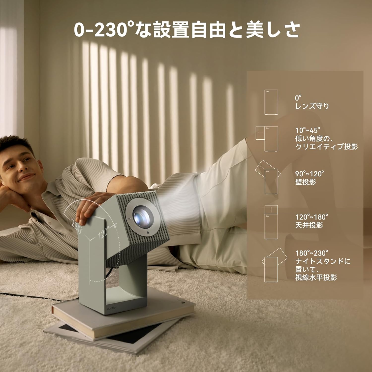 WANBO Cube 2 Pro projector showing various projection angles from 0 to 230 degrees