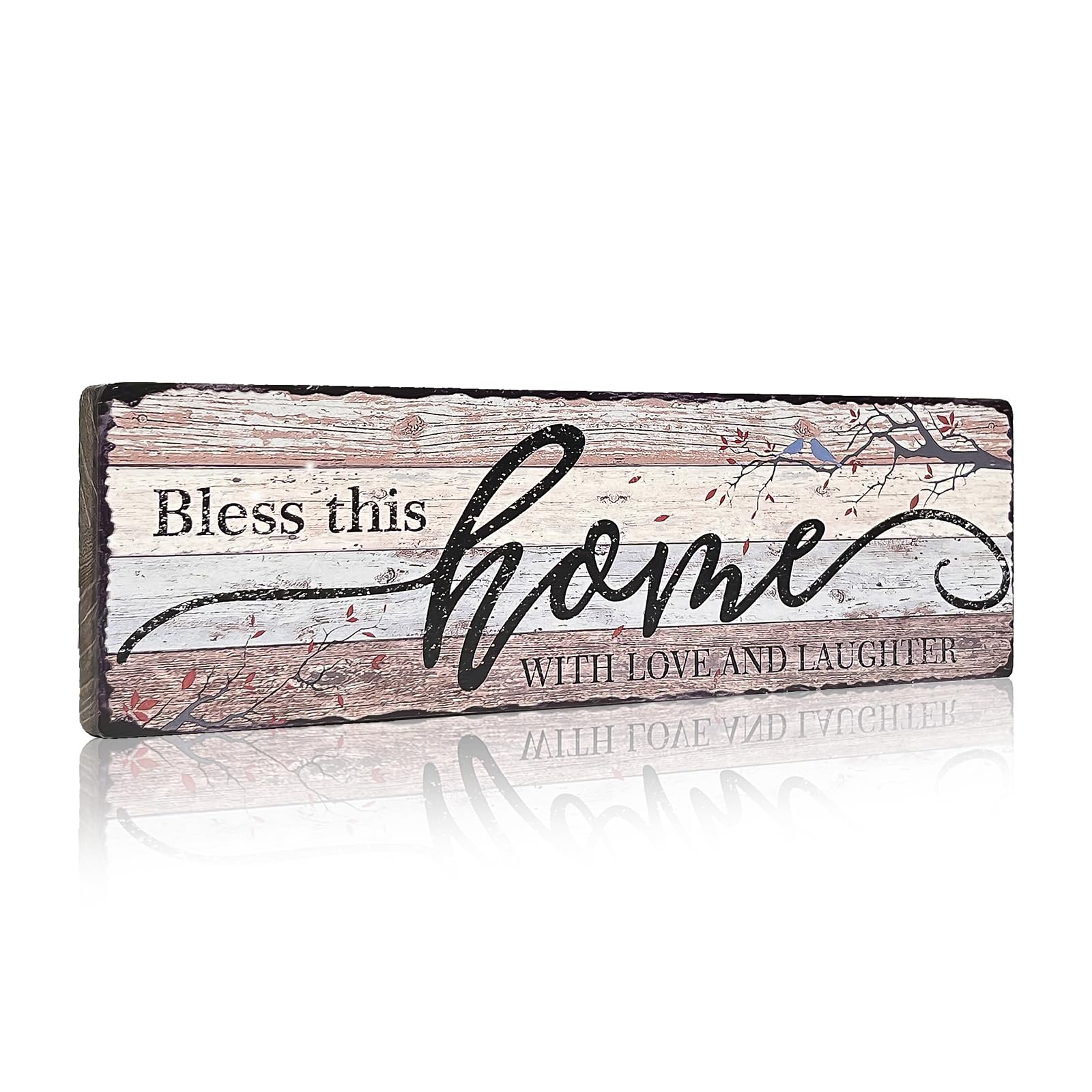 Home Sign Wall Decorations for Living Room Bless - This Home with Love and Laughter - Family Wall Decor Signs for Kitchen Bedroom Dining Room 16x5 Inches