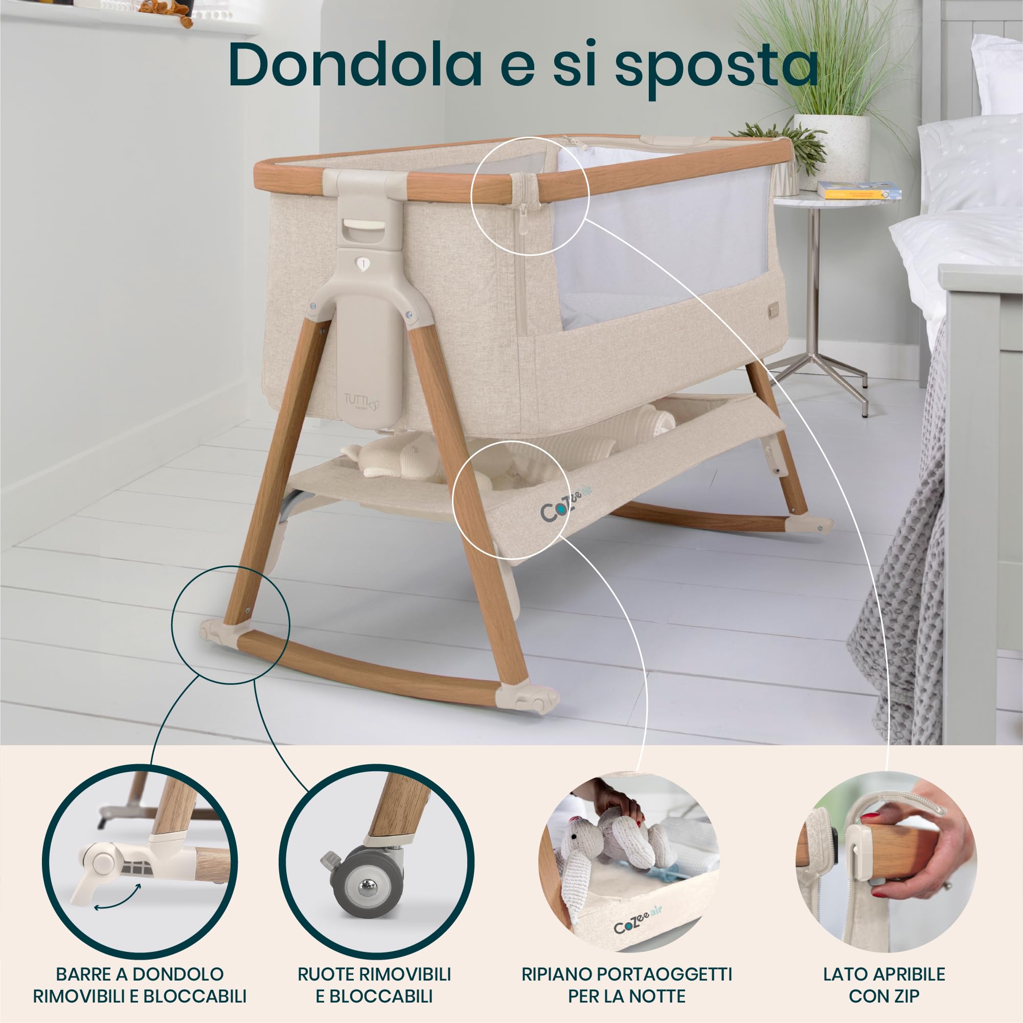 Tutti Bambini CoZee® Air Culla Neonato e Culla Co-sleeping - Con Borsa Trasporto - Chiusura Rapida - Materasso Traspirante - 6 Altezze Regolabili - 0-6 Mesi (Noce & Ecrù)
