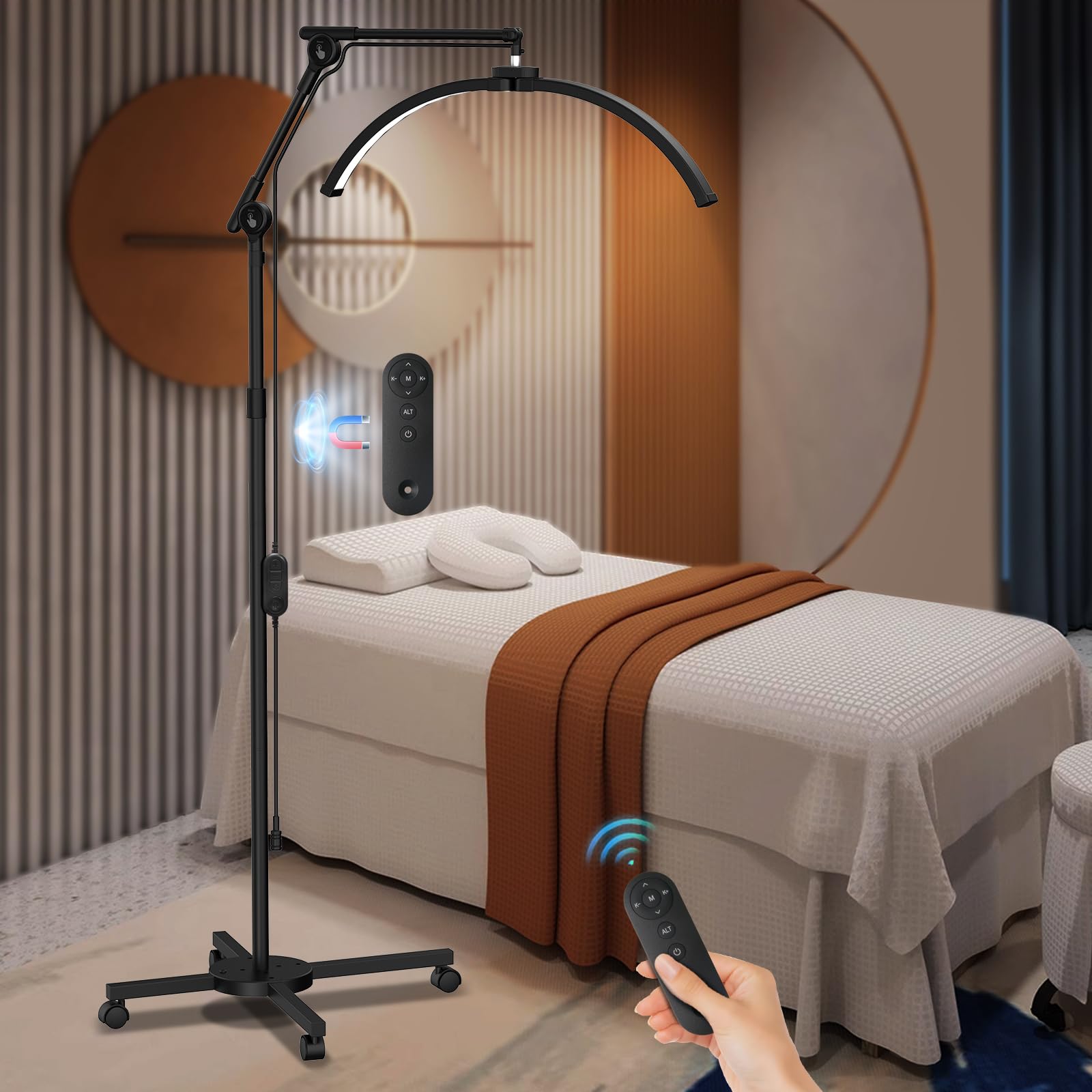 CGBE Halbmond-Stehlampe für Wimpern mit 4-Rad-Rollenbasis: Dimmbar LED Wimpern Lampe mit Handyhalter - 360° Drehbarer Lichtkopf - Höhenverstellbar Beautylampe für Wimpernverlängerung Tattoo Hautpflege