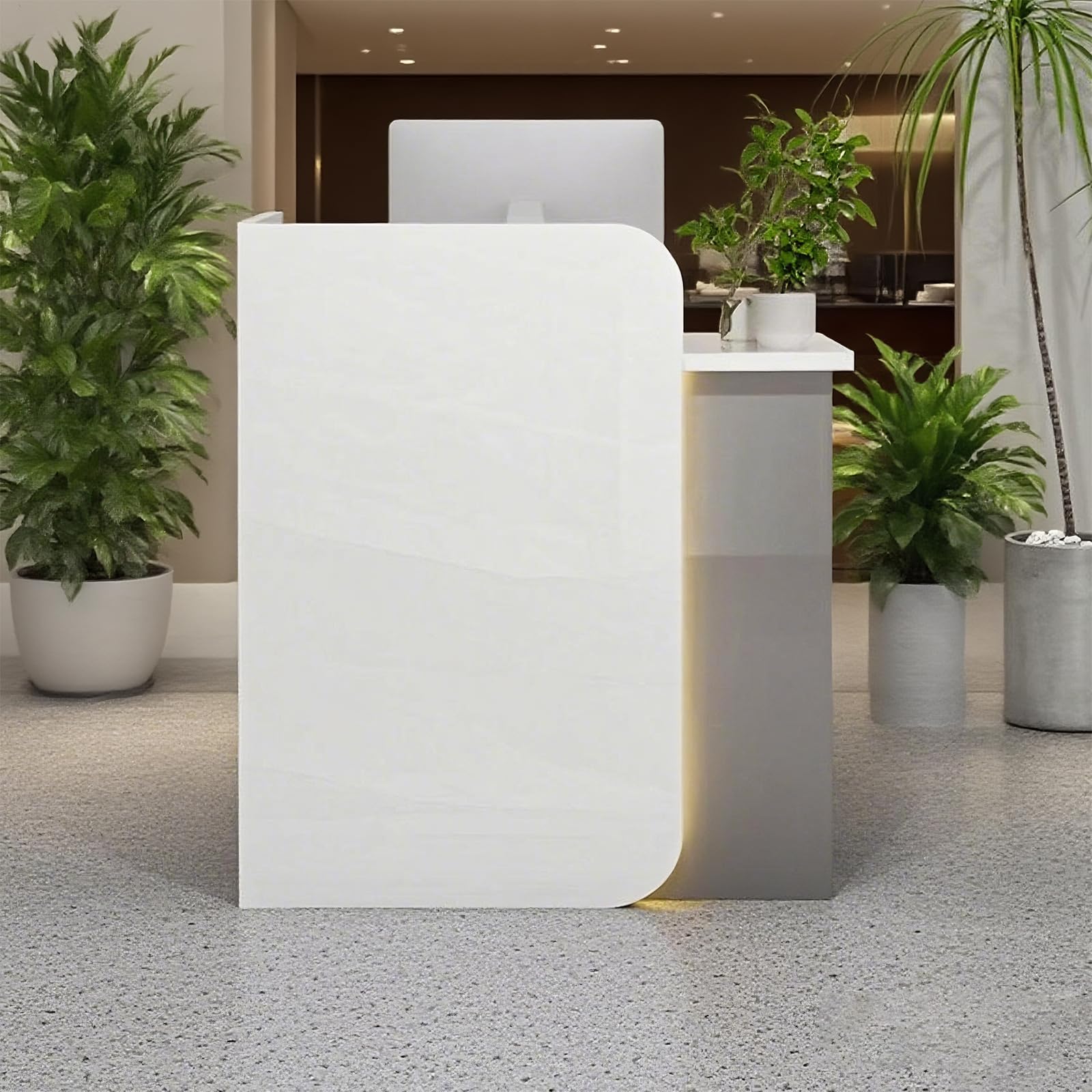 Moderno bancone da ufficio con luci LED, estetico, tavolo da bar in MDF, per pasticcerie aziendali, negozi di abbigliamento (bianco e grigio)