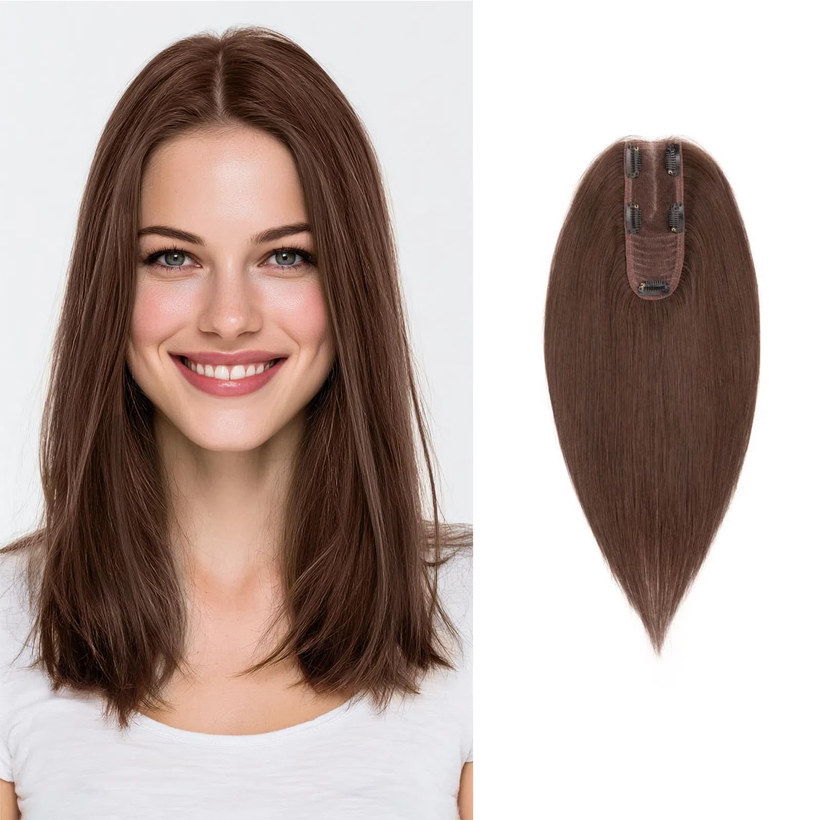 TESS Hair Toppers for Women with Thinning Hair Real Human Hair Toppers Hair Pieces for Women, 2"*6" Lace Base 150% Density 12 inch Medium Brown