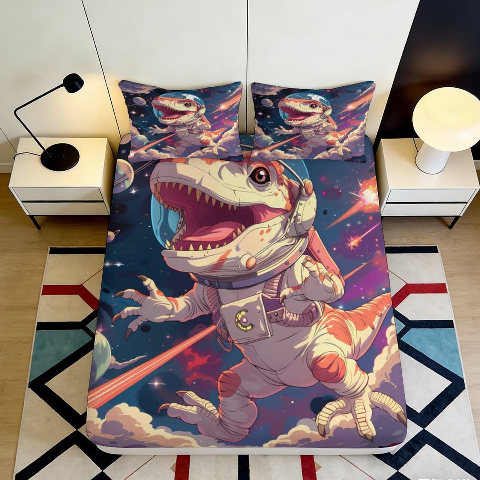 Pnayamiorkfel Style-7 3D Printed Astronaut Dinosaur Fitted Sheet Microfiber Soft Anti-Slip Space Adventure Mattress Cover Bedroom Decor 90X200x25cm