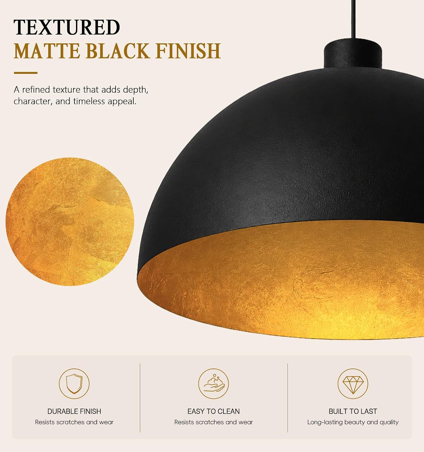 20" Large Black Dome Pendant Light with Gold Leaf Interior thumbnail
