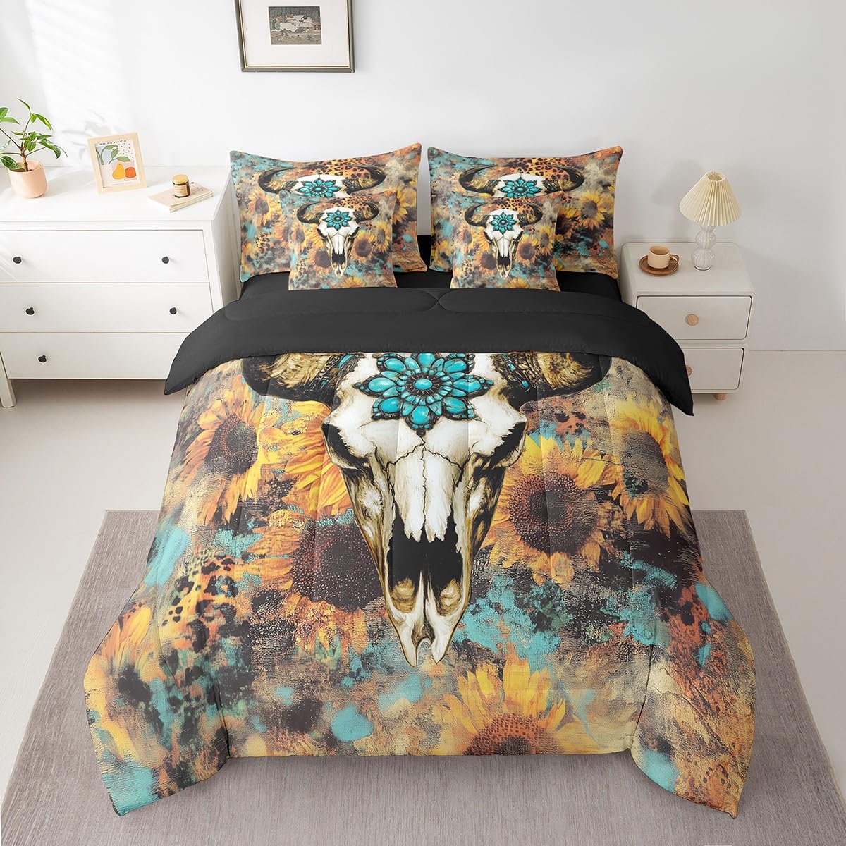 jejeloiu Western Decor Comforter Set with Sheets King Size Cow Skull Bed in a Bag Set for Boys Girls Teens Southwest Native American Design 7 Pieces