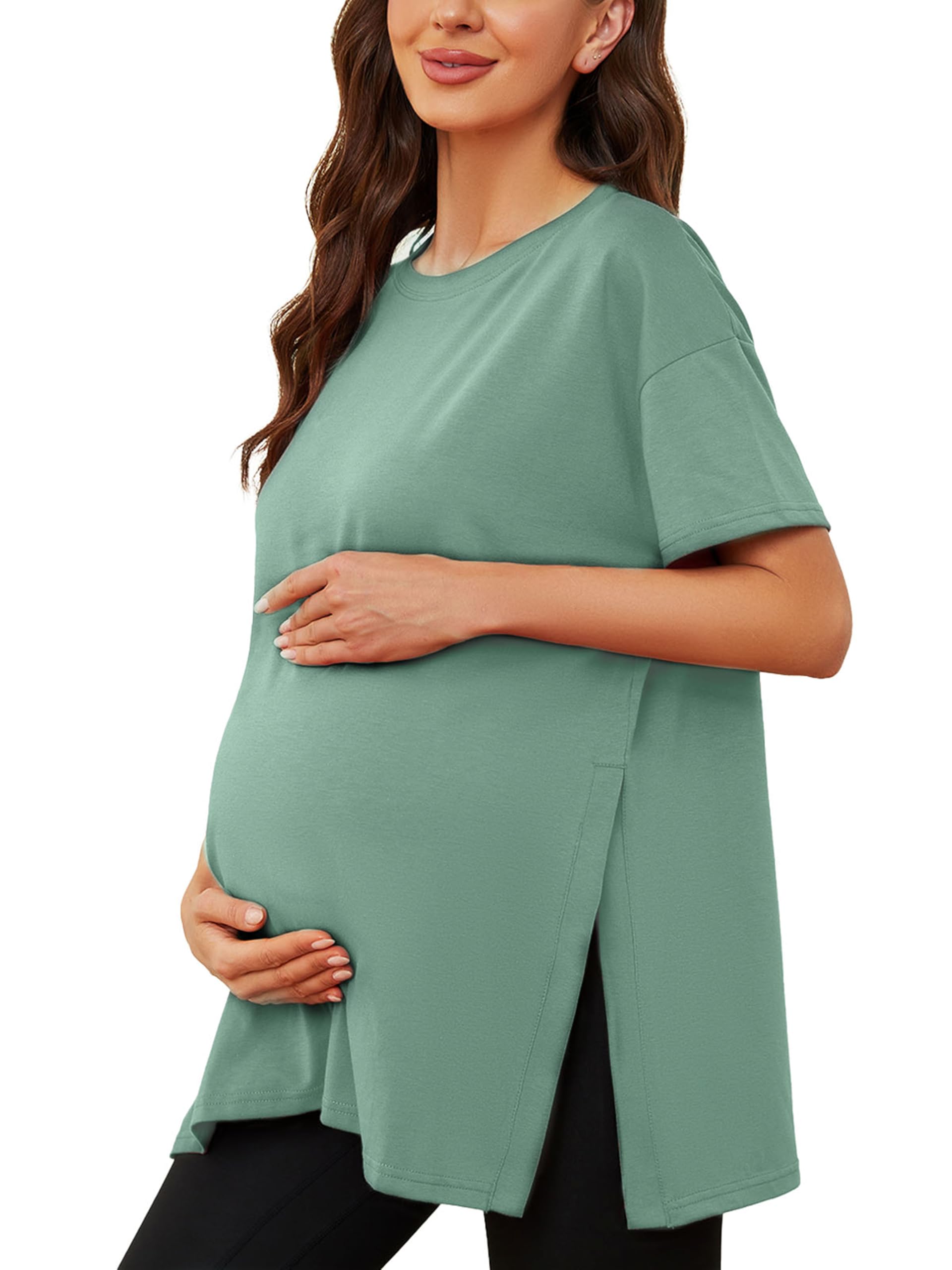 Ecavus Women's Casual Maternity Shirts Split Side Pregnancy Tops Blouses Short Sleeve Loose Fit Maternity Clothes