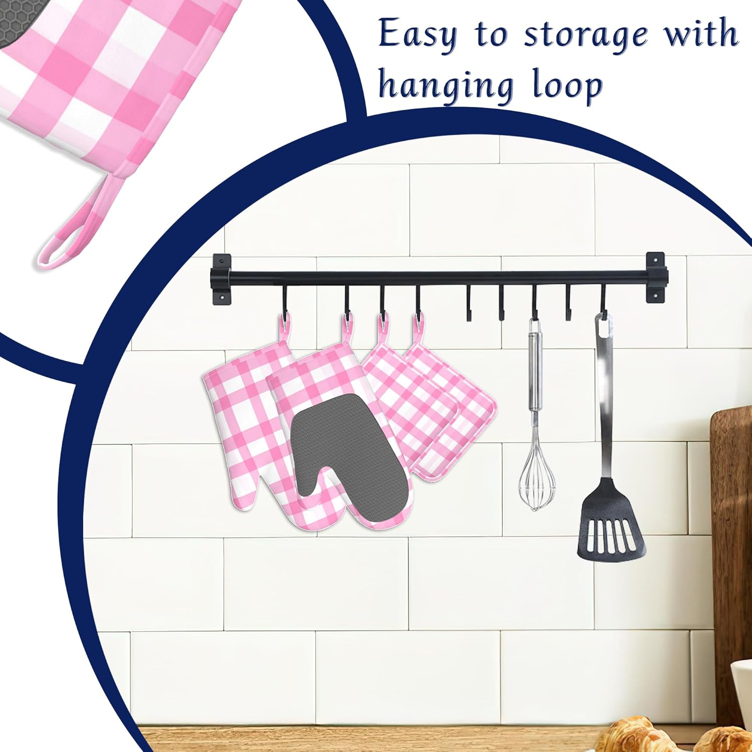 Buffalo Check Plaid Oven Mitts and Pot Holders Pink Checkered Silicone Kitchen Accessories Set of 4 Heat Resistant Non-Slip Long Gloves Potholder for Chef Cooking Baking Gifts Women Men