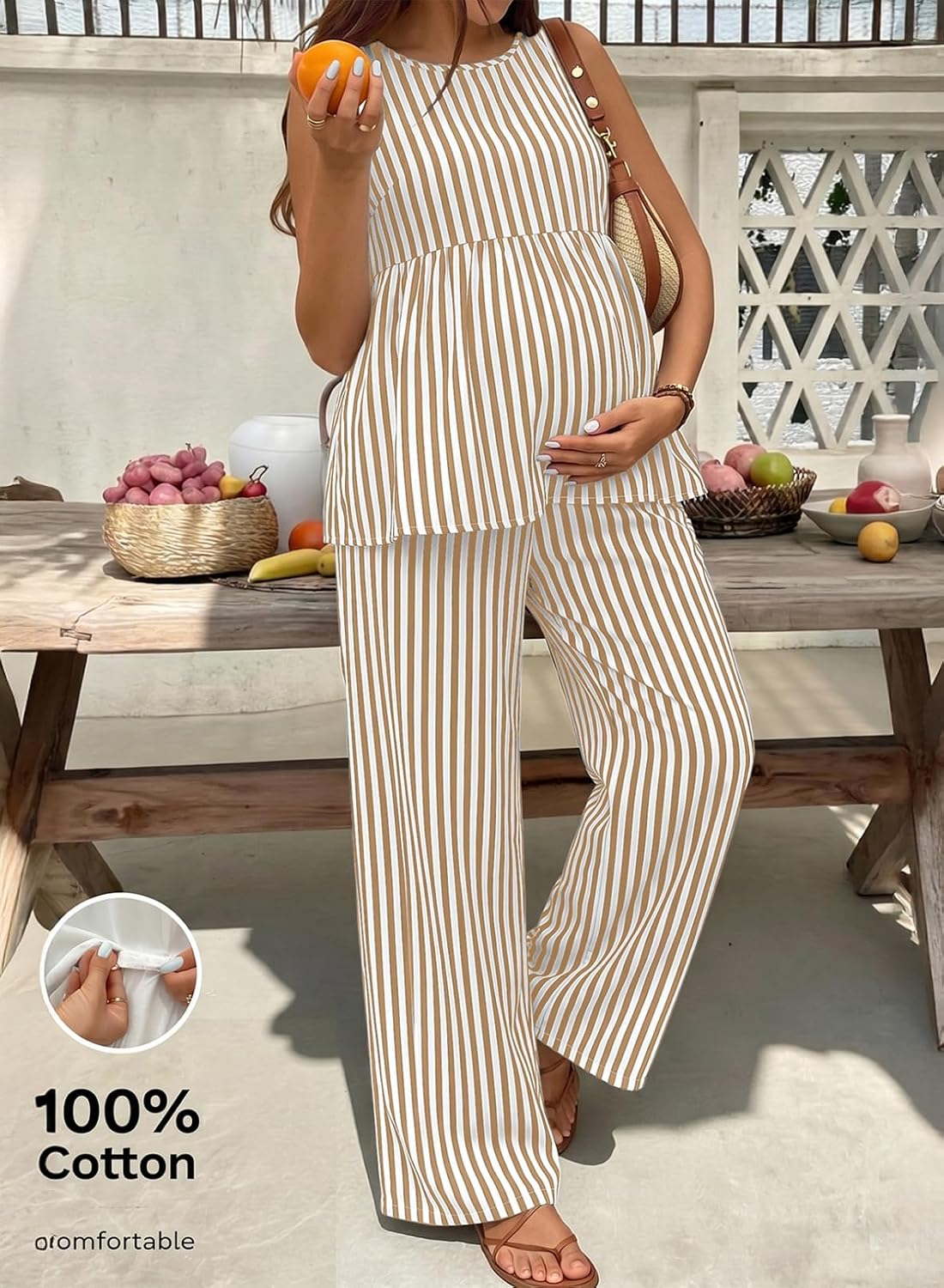 BLENCOT Women's Maternity Sets Striped Knit Tank Top and Pants Outfits Sleeveless 2 Piece Pregnancy Matching Set