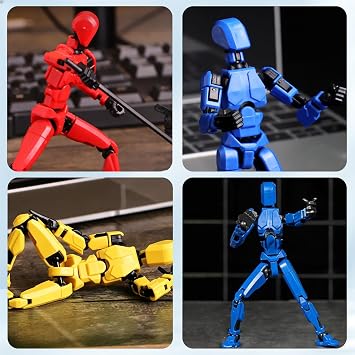 Action Figure Set, Model with Articulated Joints, Desktop Display and Animation Creation, 4 Pack with Multiple Weapons and Hand Types in Yellow Black Blue Red Glow Colours