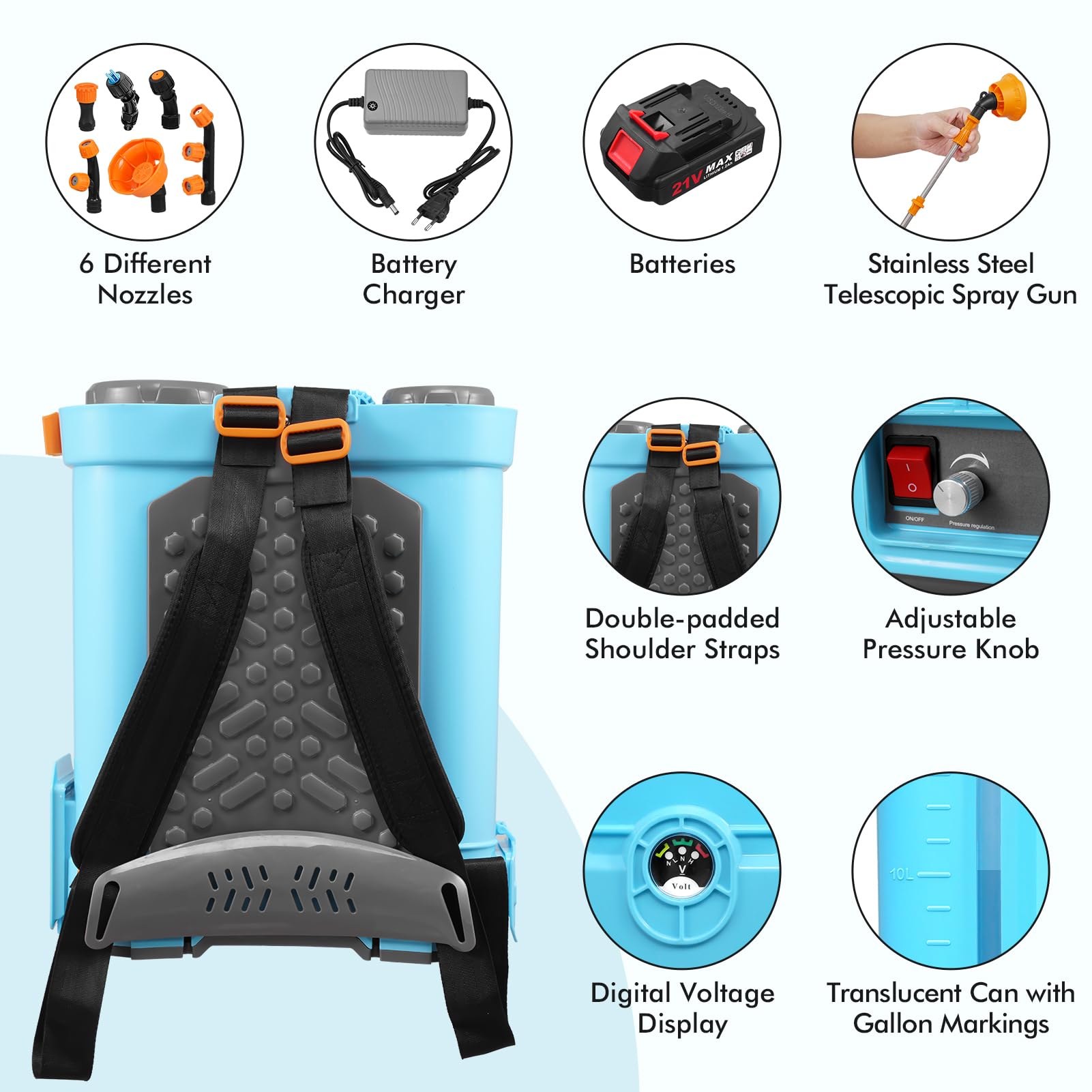 Viugreum 16L Pulverizador de Mochila Eléctrico, 21V Pulverizador de Jardín Eléctrico con 7 Boquillas de Nebulización, Lanza Telescópica y Correa Ajustable para Riego, Irrigación y Mantenimiento
