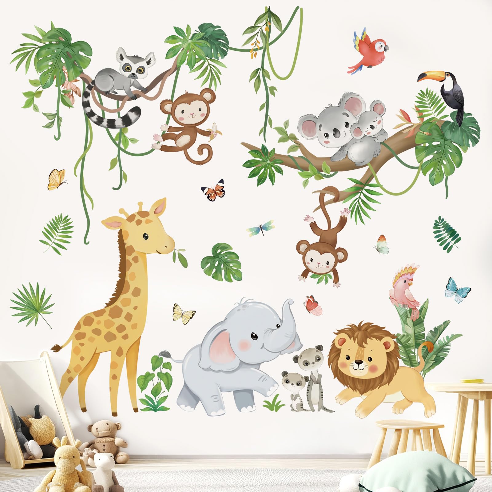 wondever Jungle Animal Tree Branch Wall Stickers Elephant Lion Giraffe Monkey Peel and Stick Wall Art Decals for Baby Nursery Bedroom Kids Room