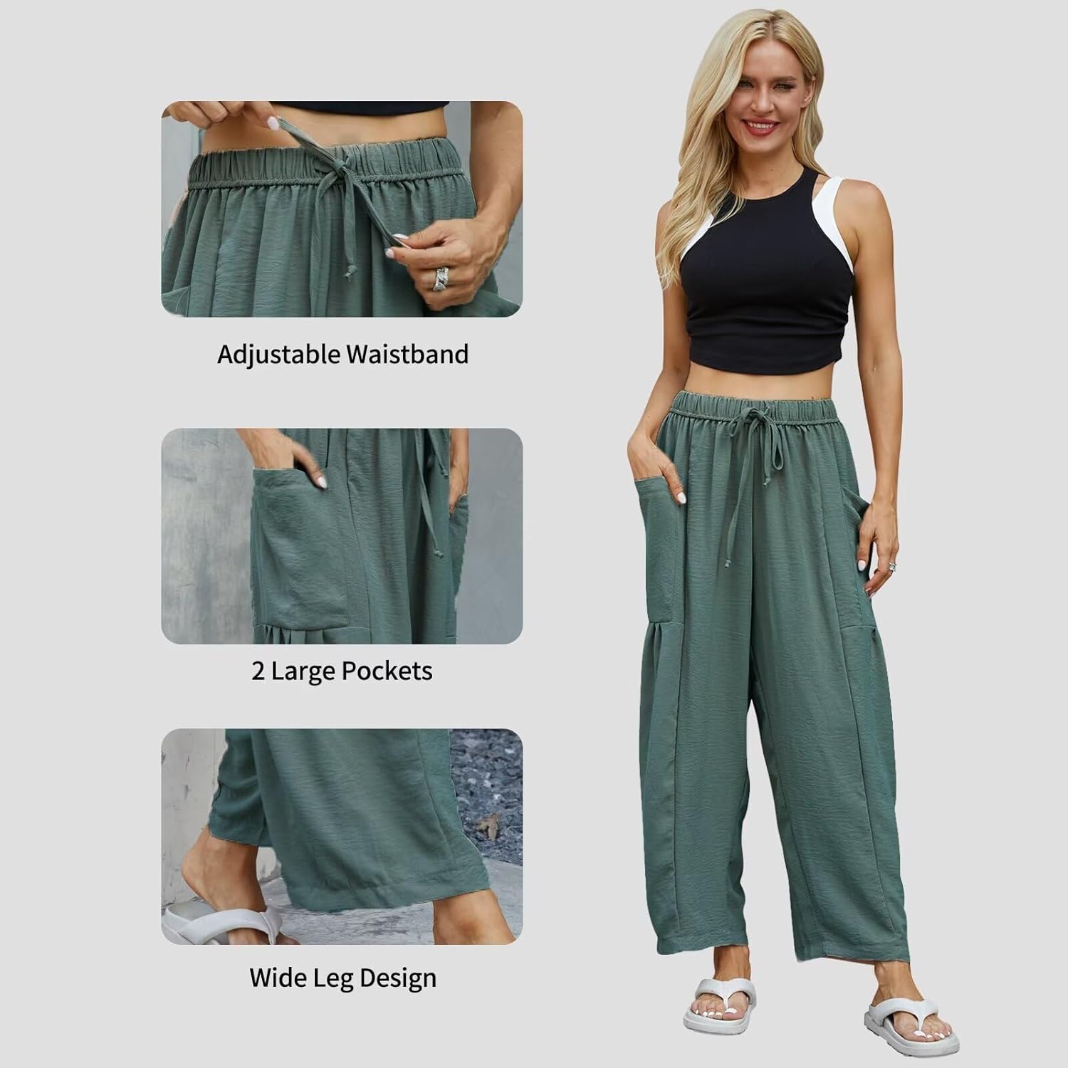 Honwenle Women's Wide Leg Pants Loose Drawstring Palazzo Pants Summer Casual Flowy Beach Trousers with Cargo Pockets - Image 5