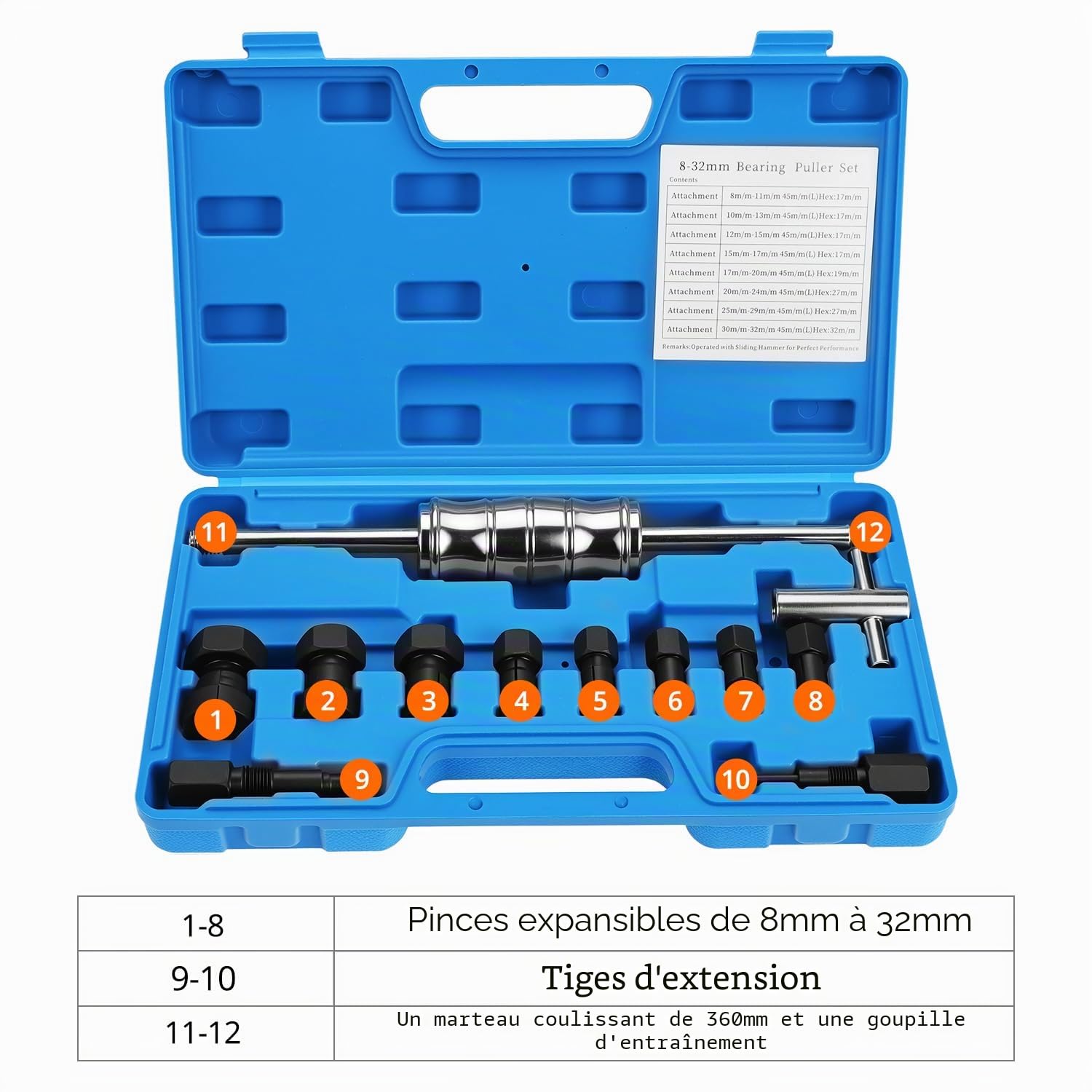 QWORK® 12 pièces kit extracteur de roulement Intérieur, avec inertie et Pinces Extensibles pour roulements de Roue (8-32 mm)