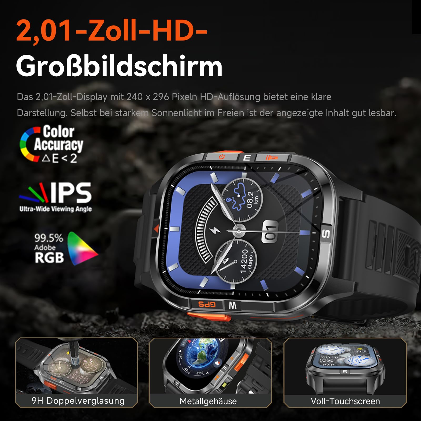 Smartwatch herren Militärische 2,01" HD, mit GPS/Bluetooth-Anruf/Kompass