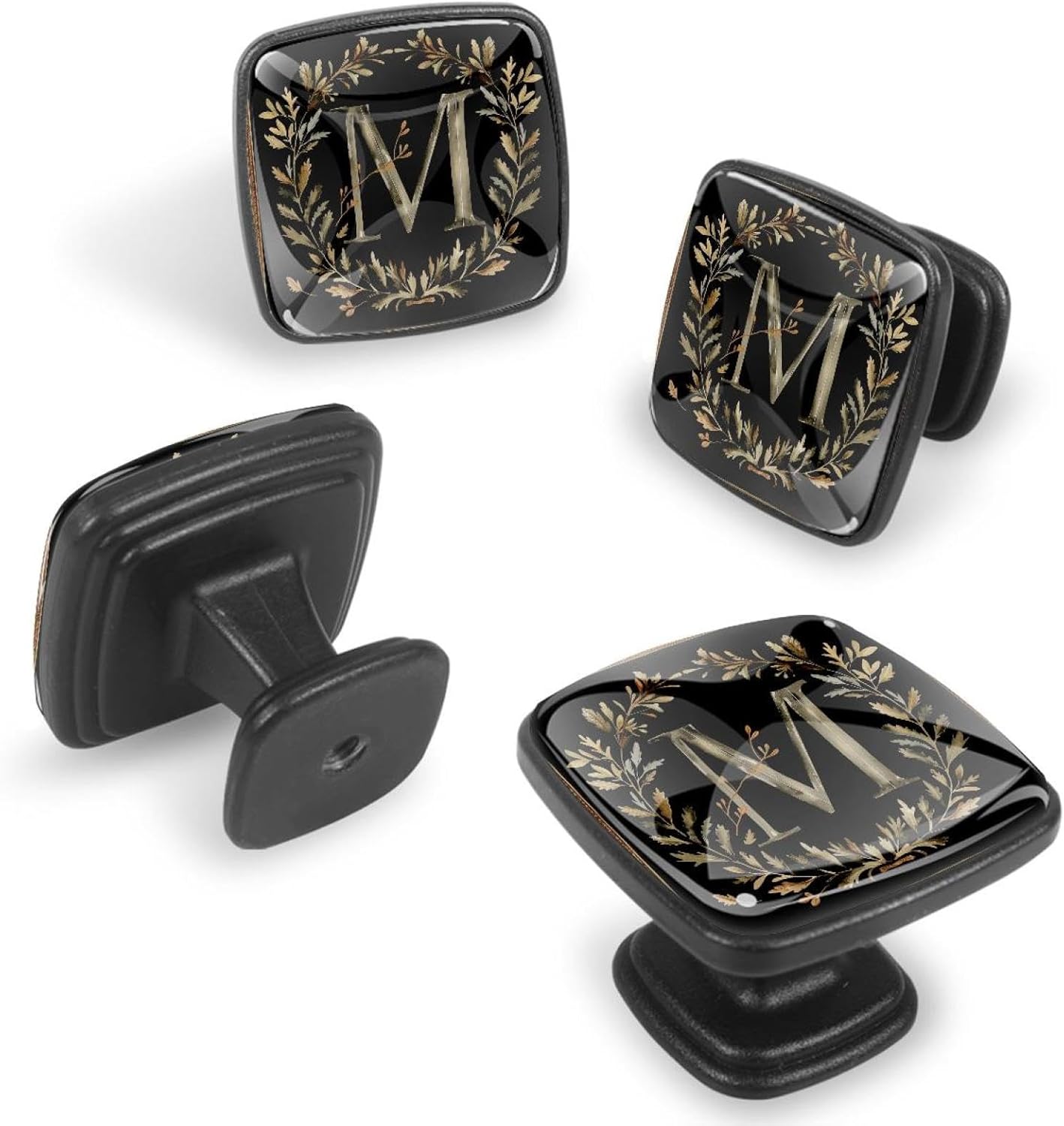12 Pieces Letter M with Wreath Aesthetic Pattern Glass Knobs for Dresser Drawers, 1.37 x 1.10 in Square Kitchen Cabinet Pulls for Home Office Nursery Kids Room