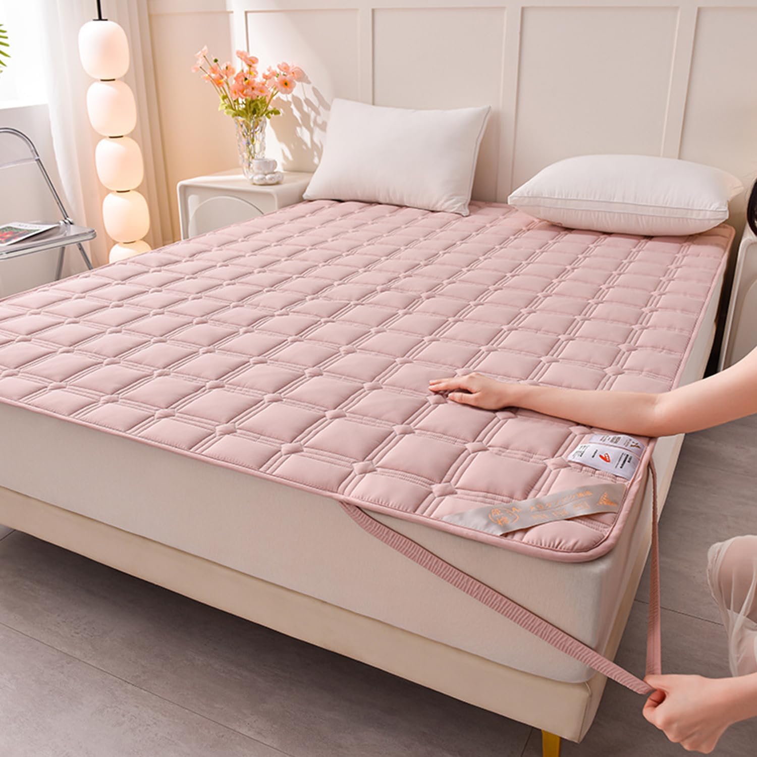 Pink,60 * 110cm,LDLCYCN Queen Mattress Protector Cover with Elastic Straps Thin Foldable Quilted Cover Pad Soft&Comfortable, Breathable Cool Mat Machine Wash for Student Dormitory