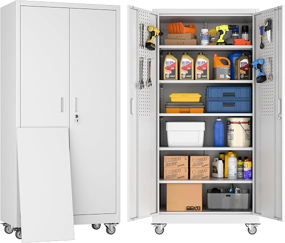 SUPEER 180cm H Metal Storage Cabinet with Wheels and Pegboard, Lockable Rolling Steel Storage Cabinet with 5 Adjustable Shelves and Door for Garage, Office, Kitchen, Assembly Required(White)