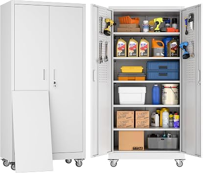 SUPEER 180cm H Metal Storage Cabinet with Wheels and Pegboard, Lockable Rolling Steel Storage Cabinet with 5 Adjustable Shelves and Door for Garage, Office, Kitchen, Assembly RequiredWhite