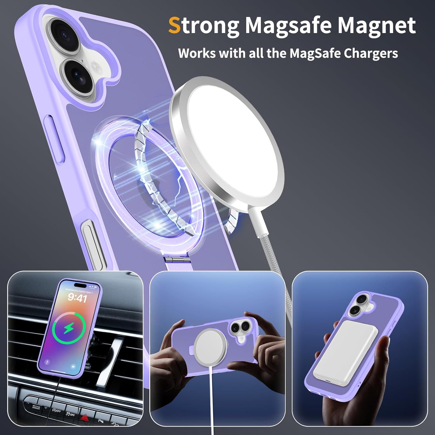 Ultra-Magnetic Stand for iPhone 17 Case [Military Drop Protection] [Compatible with MagSafe] Shockproof Translucent Matte Slim Ring Holder Case for iPhone 17 (Lavender Purple)