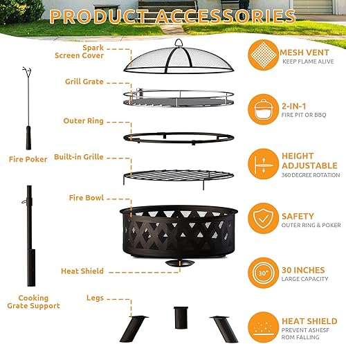 Miniatura 3 de Amopatio Fogata de 36 pulgadas con parrilla, hoguera grande 2 en 1 para exteriores, fogata de leña con rejilla de cocción para patio trasero,