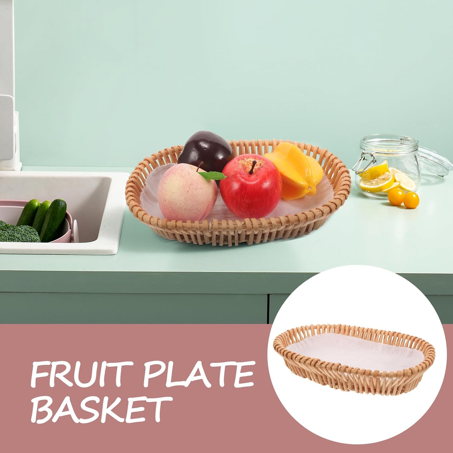 Rattan Bread Basket Oval Small Multi-function Woven Storage Basket for Bread Fruit Snack Serving and Kitchen Organization
