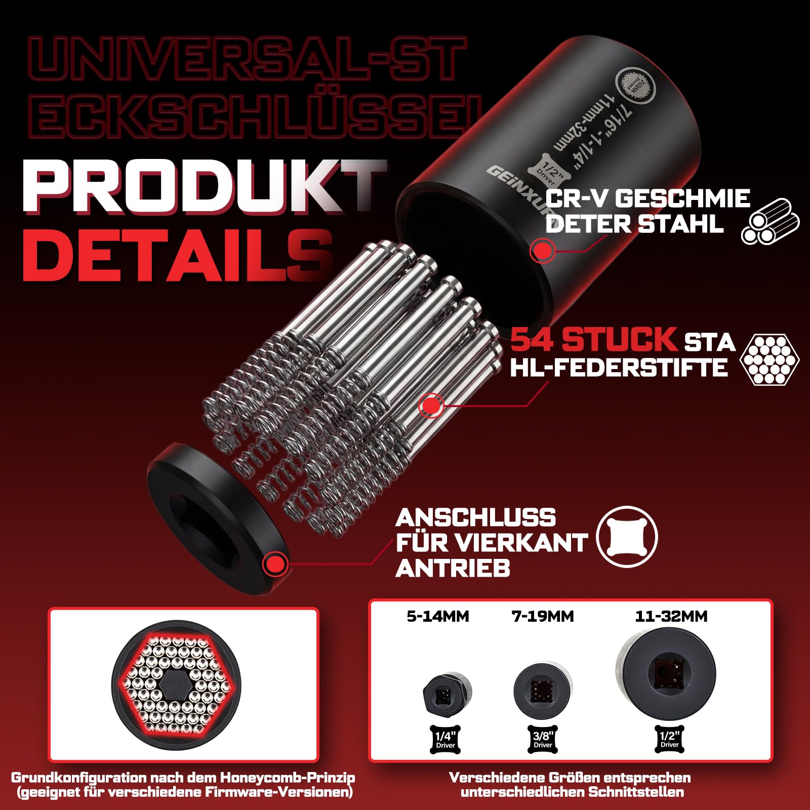GEINXURN 6-teiliges Universal Steckschlüssel Set, 3 Universal Multi Cr-v Stecknuss (5-14 mm, 7-19 mm, 11-32 mm), 3 Sechskant Adapter (1/4", 3/8", 1/2") für Schrauben, Muttern & Bolzen