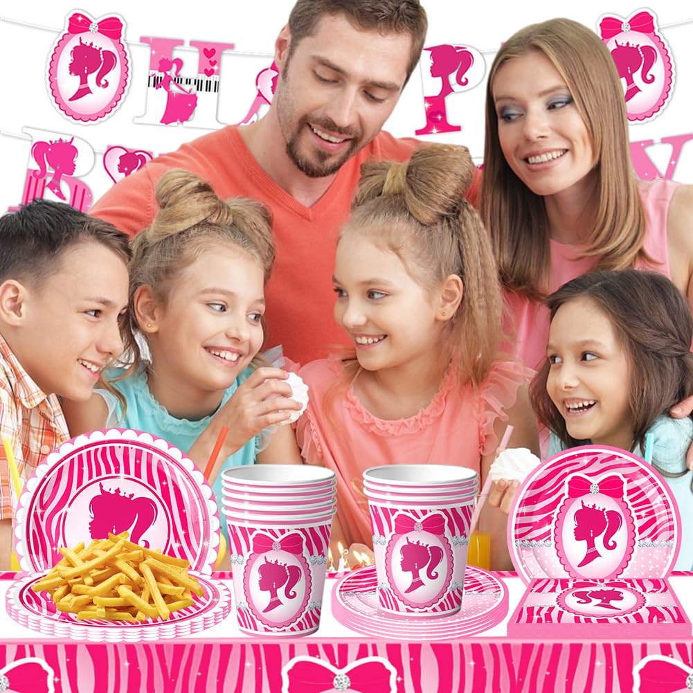 52Pcs Stoviglie per Compleanno Barbiprincipessa, Principessa Party Compleanno, Piatti Tazze Tovaglioli Banner Tovaglie, Kit di Stoviglie per la Festa di Compleanno, 10 Ospiti