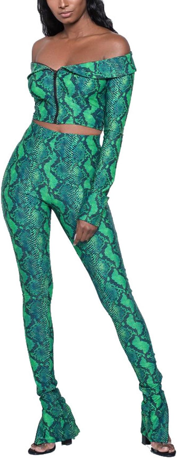 Yiershu Women s Sexy Floral Ruffles Off Shoulder 2 Pieces Outfits Casual Bodycon Long Sleeve Jumpsuits Rompers Green X Large