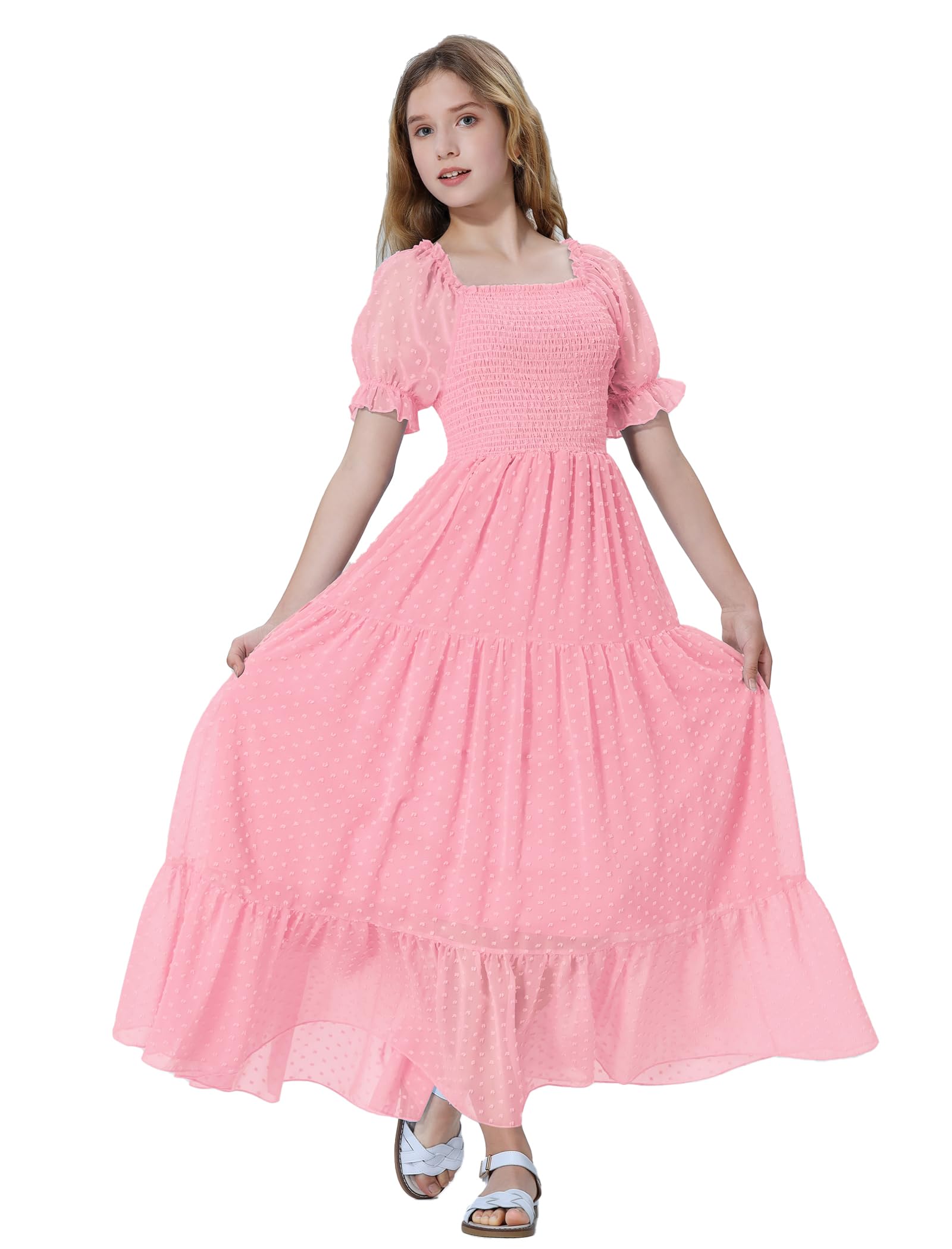 EXARUS Vestido largo fruncido para niñas de 6 a 12 años con cuello cuadrado, manga corta, casual, acampanado, para adolescentes, lunares suizos, de verano | Vestidos acampanados para adolescentes, para vacaciones, playa, baile, casual, fiesta de regreso a