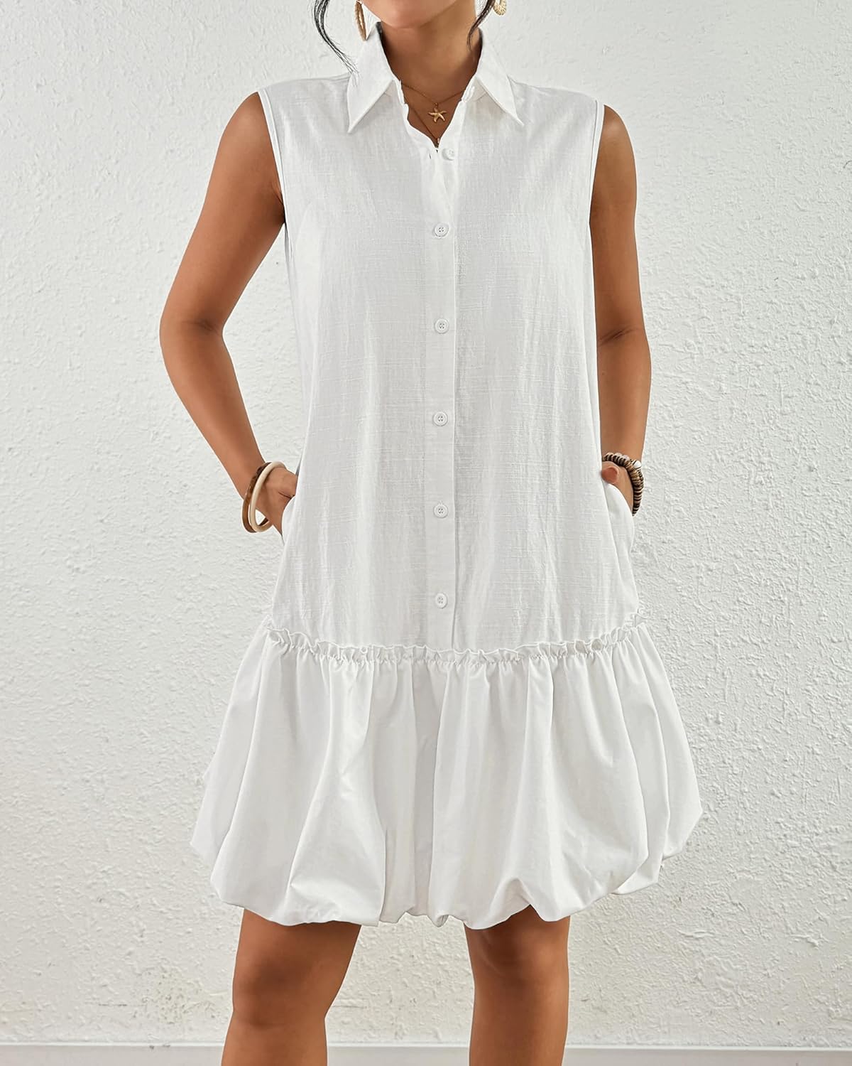 Bsubseach Womens Casual Summer Dresses Sleeveless Linen Bubble Mini Short Dress Button Down Shirt Sundress with Pockets - Image 2