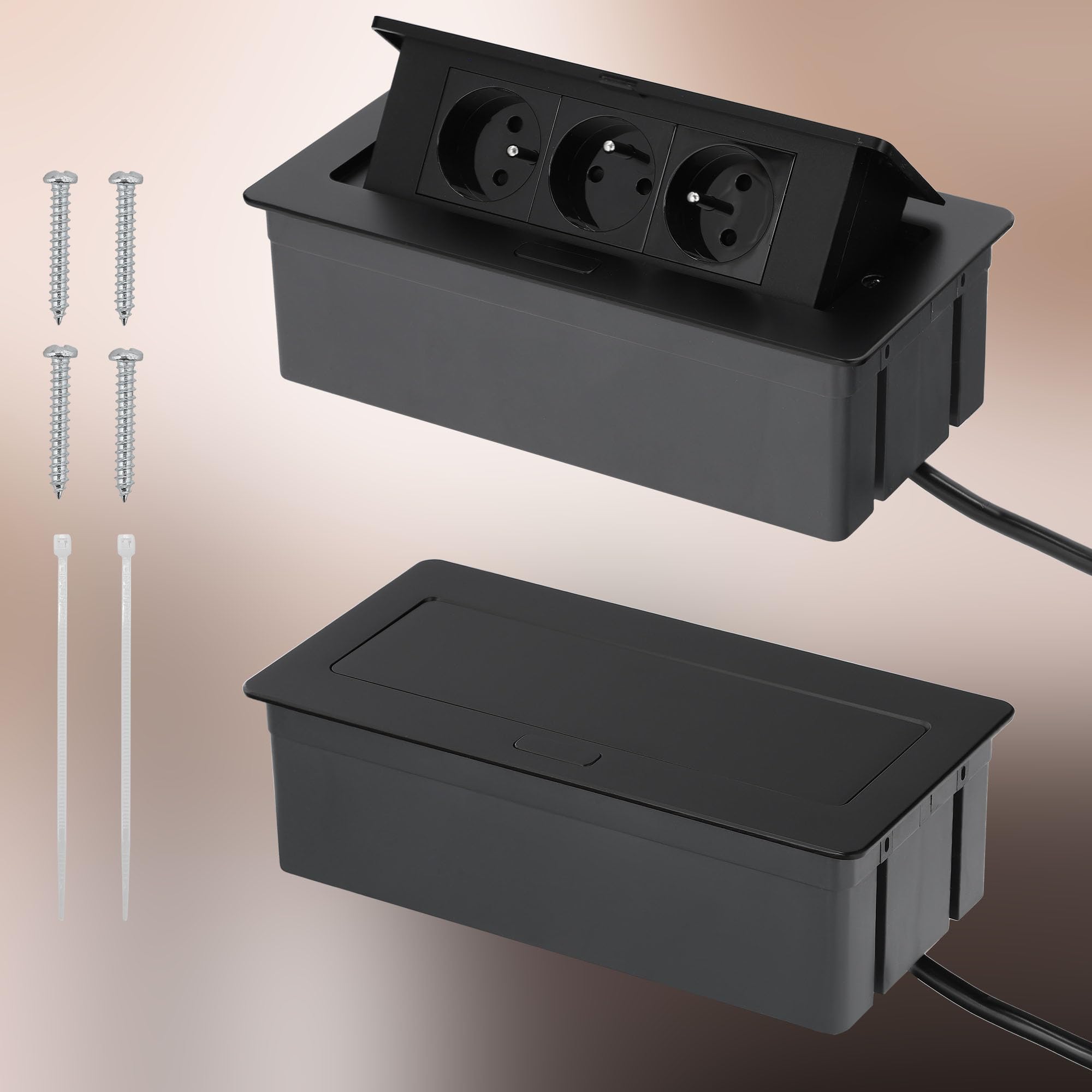 KOTARBAU® Toma de sobremesa empotrable con 3 enchufes, Regleta de Enchufe con Cable de 1,5 m, Toma múltiple para Mesa, Muebles o escritorios, Base múltiple para empotrar, Regleta retráctil, Negro
