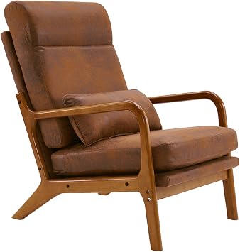 Mid-Century Modern Accent Chair with Cushion,High Back Solid Wood Armrest Chairs Backrest Linen Fabric Indoor Leisure Chair for Living Room,Bedroom,Reading,Balcony, Coffee
