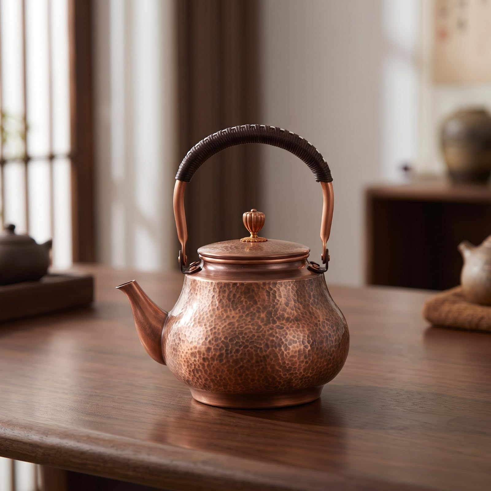 Tetera Cobre Martillado Hervidor Agua Cobre Artesanal Tetera con Asa para Aficionados Al Té Té, Coleccionistas, Cocina, Mesa, 860 Gramos, Martillado Estilo 6