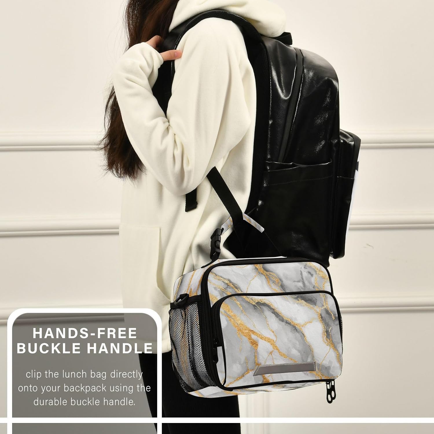 Dussdil White Gray Marble Kids Lunch Bags Lunch Box Insulated Cooler Bag Reusable Organizer Tote Bags with Adjustable Shoulder Strap for Girls Boys Women Men School Work Picnic Beach Sporting