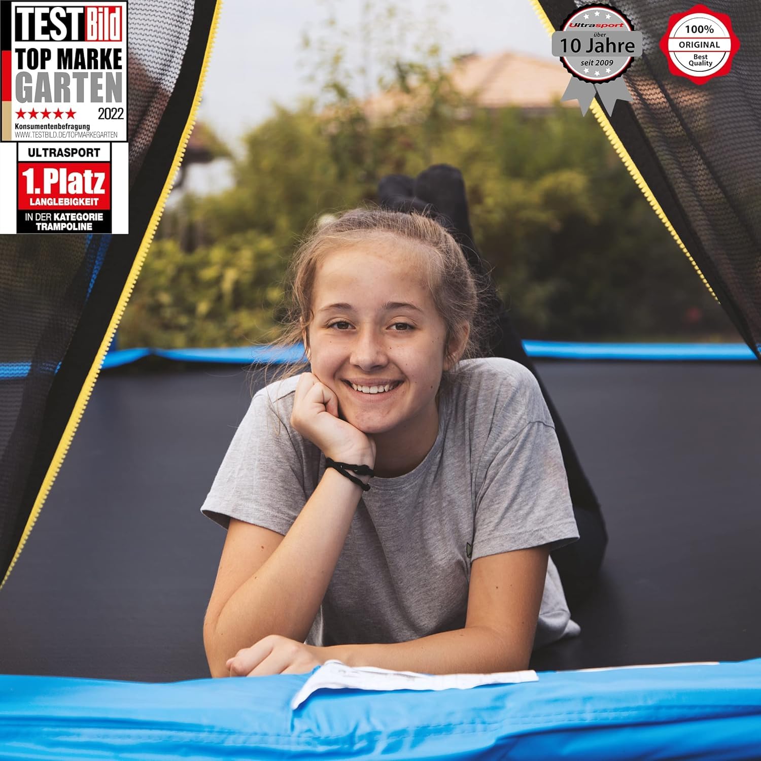 Ultrasport Uni-Jump Trampolin Outdoor Kinder Belastbar bis 150 KG I Komplettset mit Sicherheitsnetz, Randabdeckung & Motagesatz I Bodentrampolin Gartentrampolin, Trampolin 460 cm