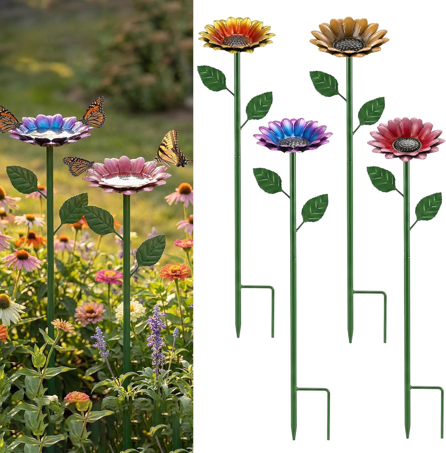 4 Pack Sunflower Flower Bee Watering Station with 20 Glass Beads - Bee Bath for Garden Metal Bee Water Feeder with Flower Design, Colorful Outdoor Insect Hydration Station for Attracting Bees