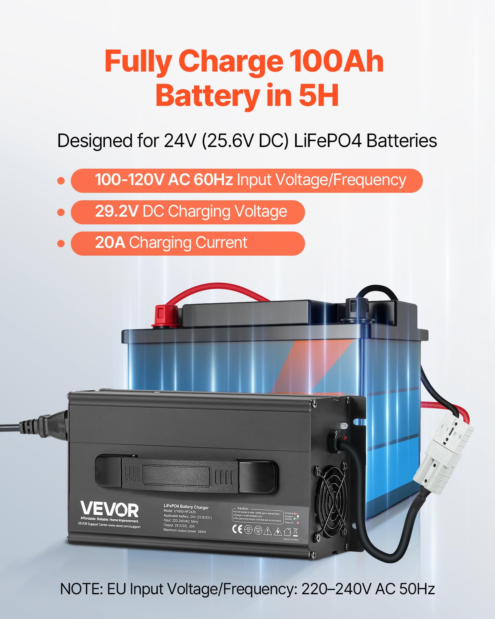 VEVOR Caricabatterie per Batterie al Litio 24V 20A, 29,2V, AC-DC LiFePO4 con Connettore Anderson, Indicatore LED, Attivazione 0 per Batterie Ricaricabili al Litio LiFePO4 per Barche Camper