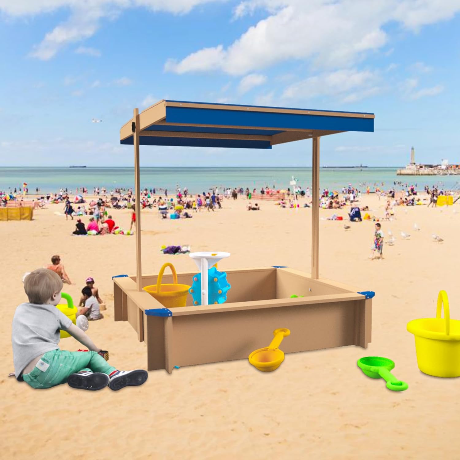 Kids Sand Boxes with Canopy Sandboxes with Covers Foldable Bench Seats, Children Outdoor Wooden Playset - Upgrade Retractable Roof
