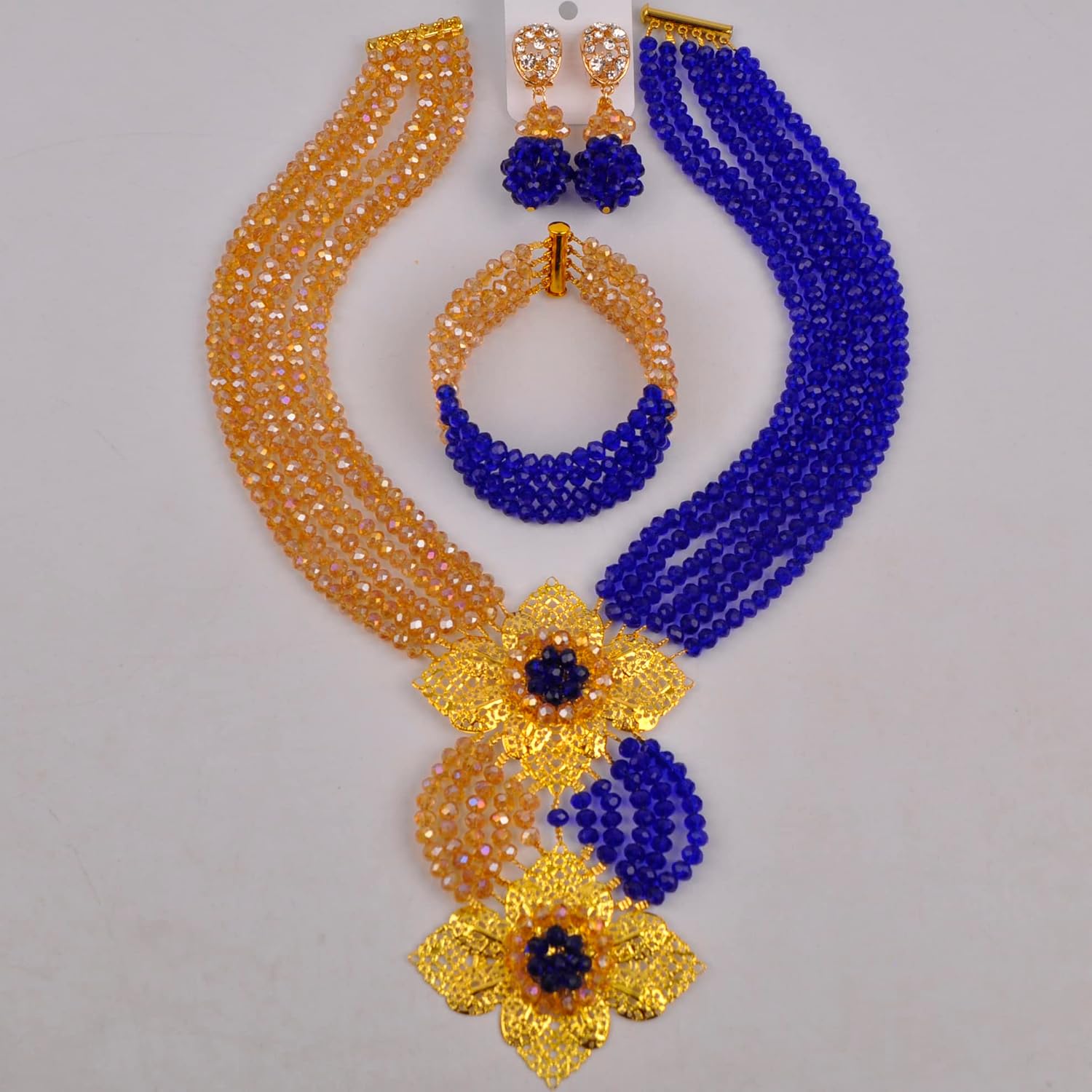 Fashion African Bead Necklace Nigerian Beads Wedding Jewelry Sets for Women (Gold AB Royal Blue)