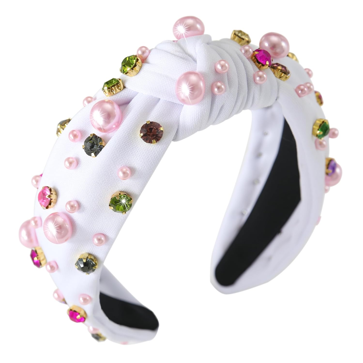 Pearl Women’s Knotted Headband Colorful Rhinestone Crystal Jeweled Headband Beaded Wide Top Knot Hairband Sparkly Fancy Decorative Head Band for Ladies Girls White-1