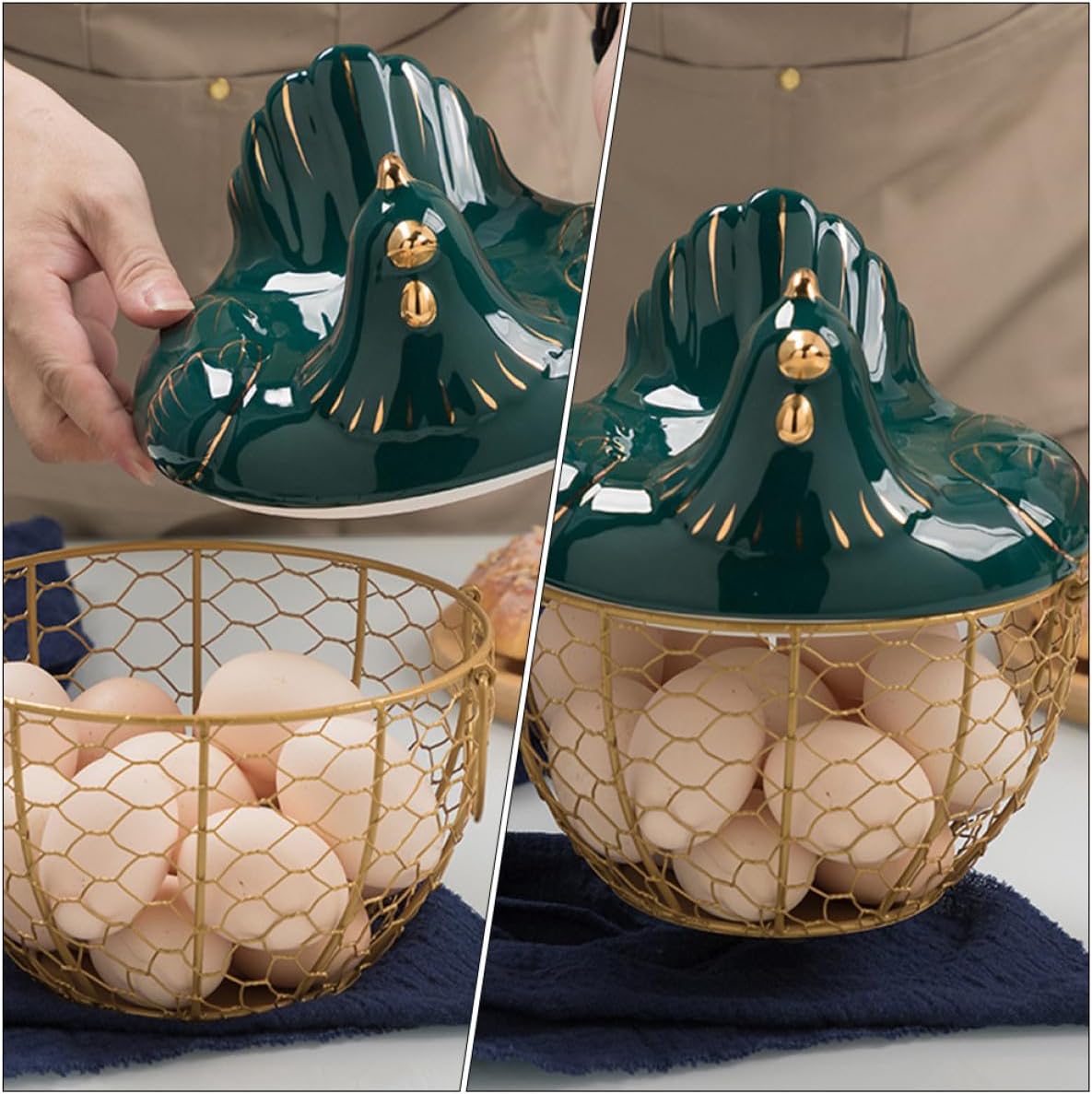 Multi-function Egg Basket with Lid Wrought Iron Chick Shape Egg Storage Container Handheld for Kitchen and Home Organization