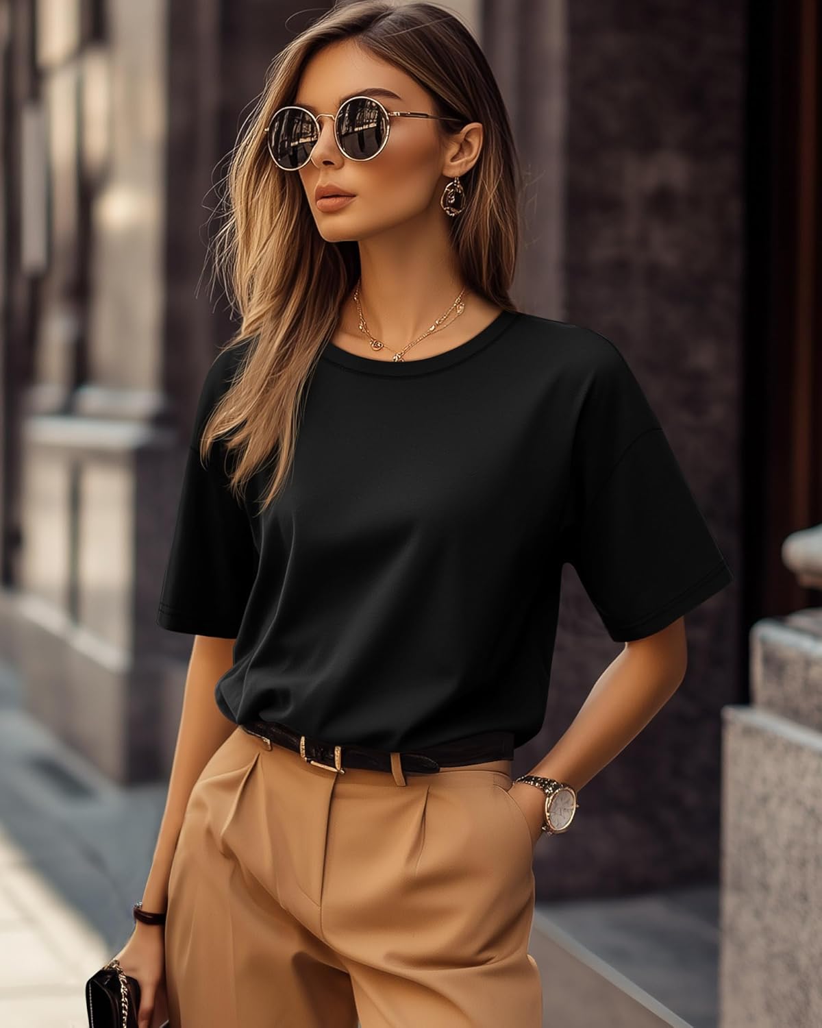 Ficerd 3 Pack Women's Oversized Half Sleeve T Shirt Crew Neck Elbow Length Tops Loose Fit Casual Summer Basic Tees - Image 2