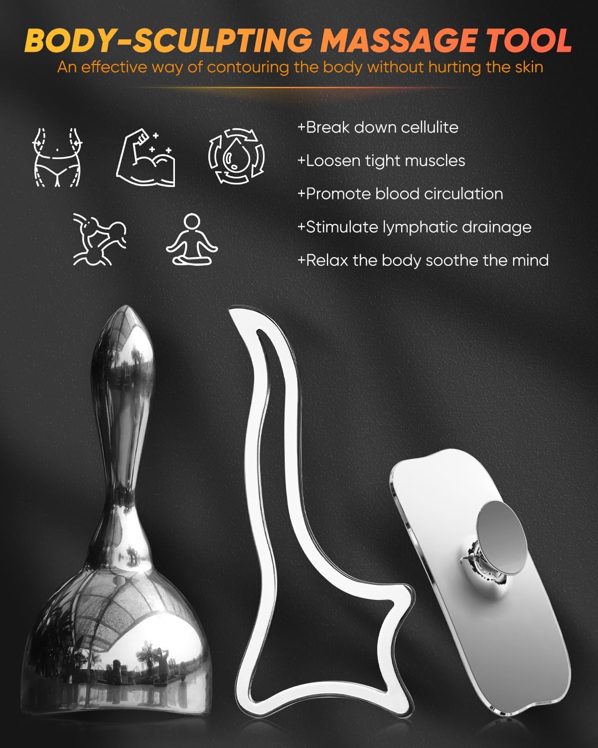 ONUEMP 3-in-1 Stainless Steel Massage Therapy Tools - Ice Gua Sha Muscle Scraper, Fascia Brush & Body Sculpting Cup, Maderoterapia Kit Colombiana for Lymphatic Drainage, Anti Cellulite, Deep Tissue - Image 2