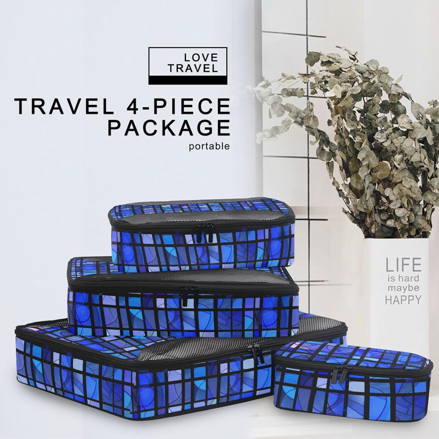 Blue Grid 4 Pcs set organizer for closet Mesh Travel Essentials expandable travel cubes for packing