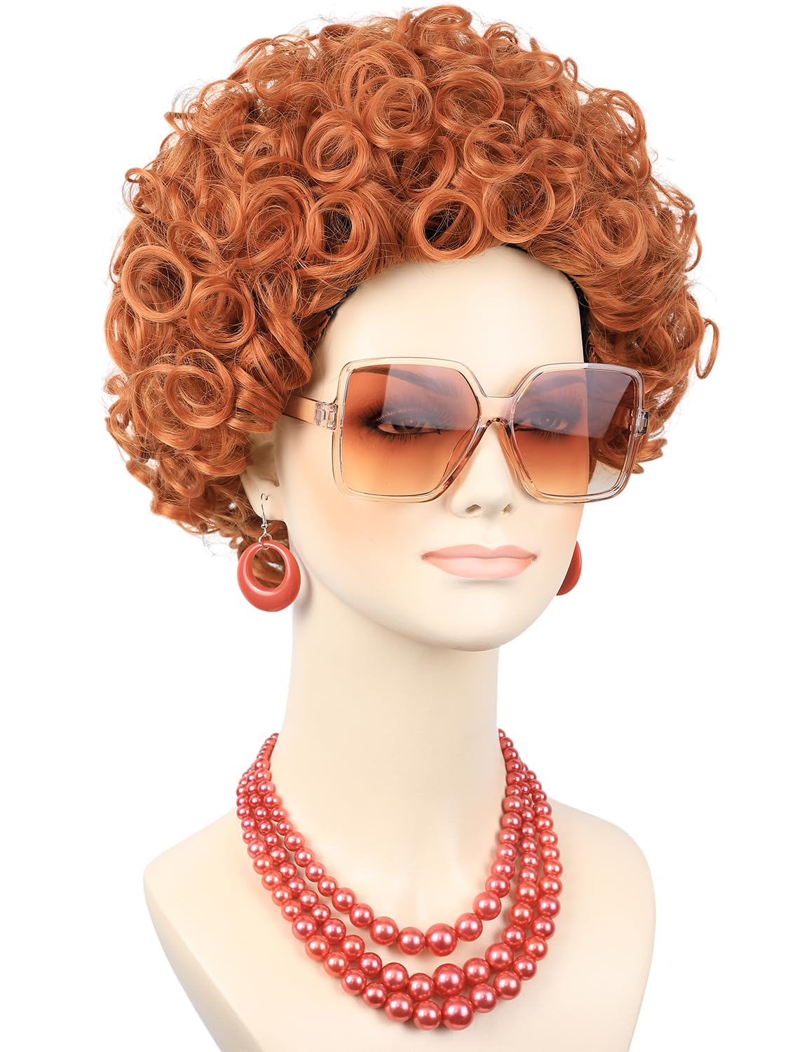 morvally Short Red Orange Curly Wig for Women Costume with Sunglasses and Jewelry Reddish Orange Synthetic Hair Wigs for Halloween Party - Image 4