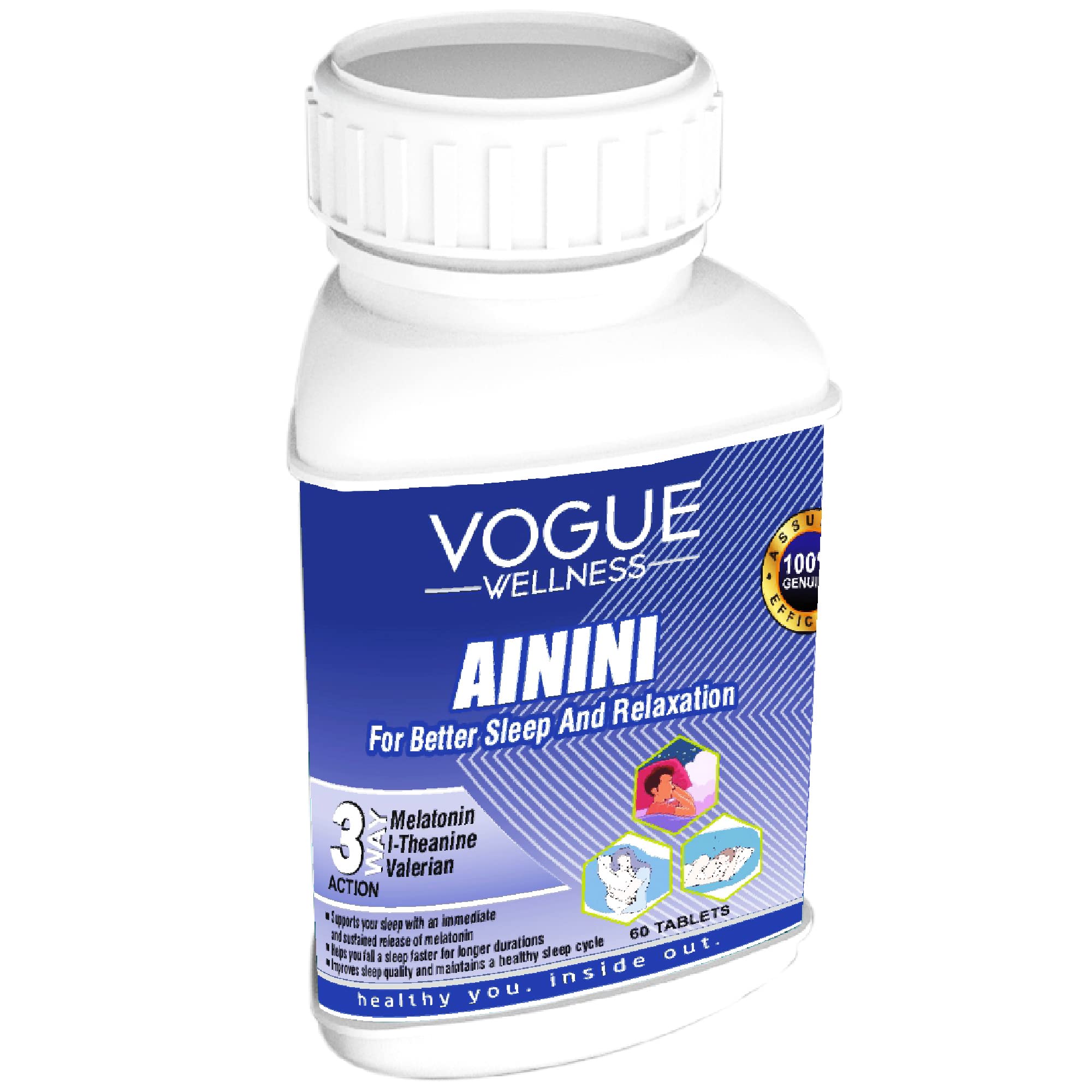 VOGUE WELLNESS AININI Melatonin 5mg Sleeping tablet With Tagar (Valerian) (50mg) Pills | Enhances Sleep Quality & Eases Jet Lag, Non-Habit Forming (Pack Of 2 * 60| 120 Tablets)